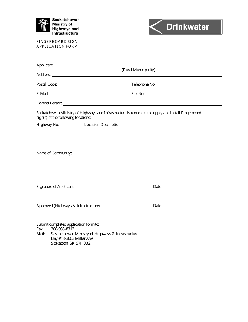 Fingerboard Sign Application Form - Saskatchewan, Canada, Page 1