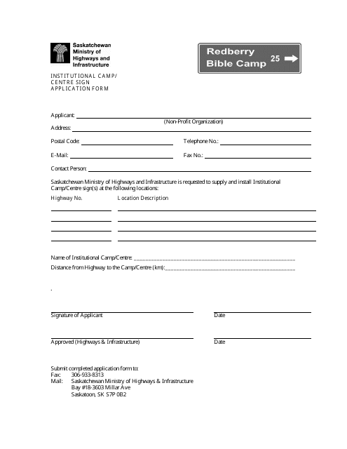 Institutional Camp/Centre Sign Application Form - Saskatchewan, Canada Download Pdf