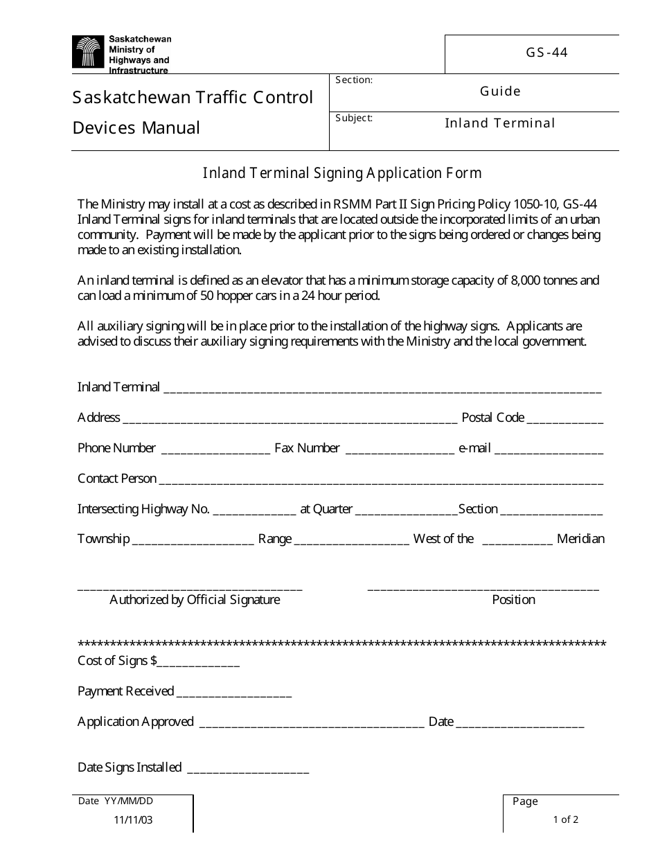 Form GS-44 Inland Terminal Signing Application Form - Saskatchewan, Canada, Page 1