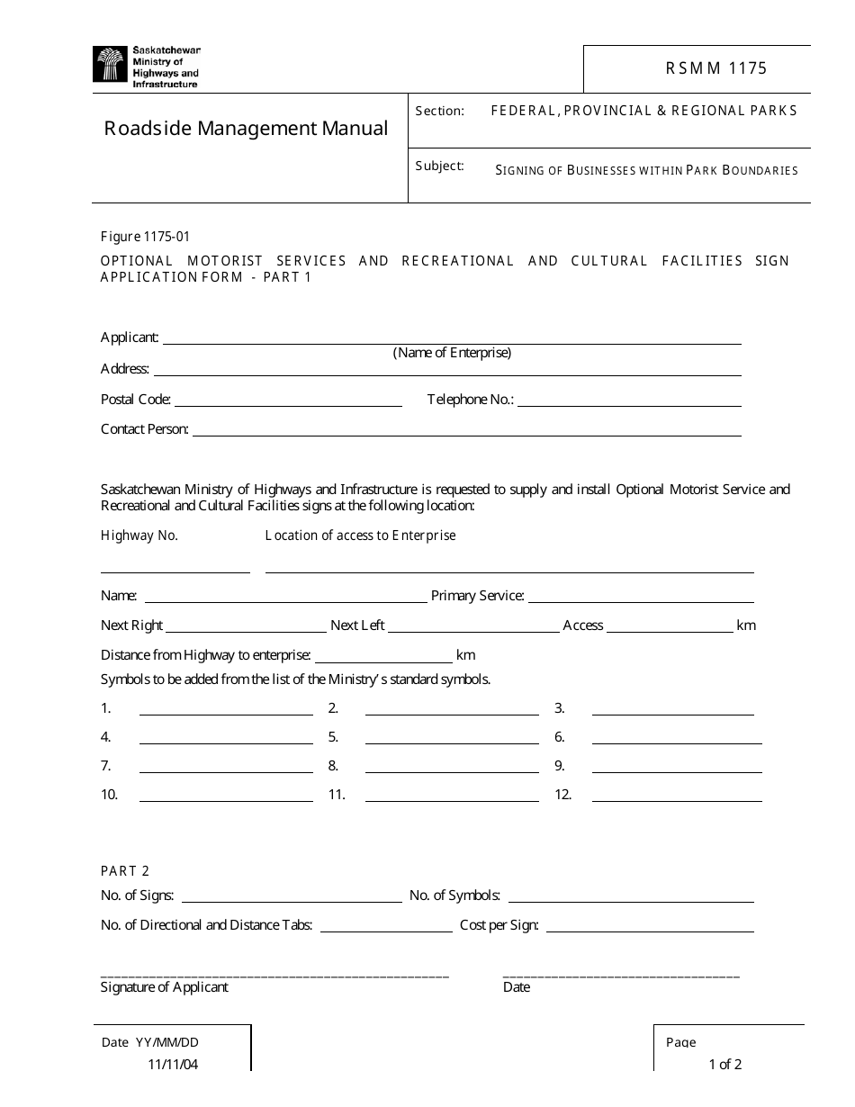 Form RSMM1175-01 Optional Motorist Services and Recreational and Cultural Facilities Sign Application Form - Saskatchewan, Canada, Page 1
