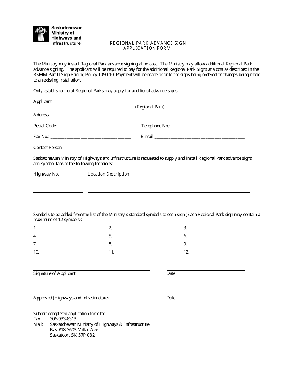 Regional Park Advance Sign Application Form - Saskatchewan, Canada, Page 1