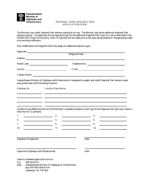 Regional Park Advance Sign Application Form - Saskatchewan, Canada Download Pdf