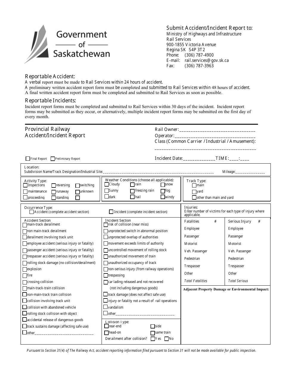 Provincial Railway Accident / Incident Form - Saskatchewan, Canada, Page 1