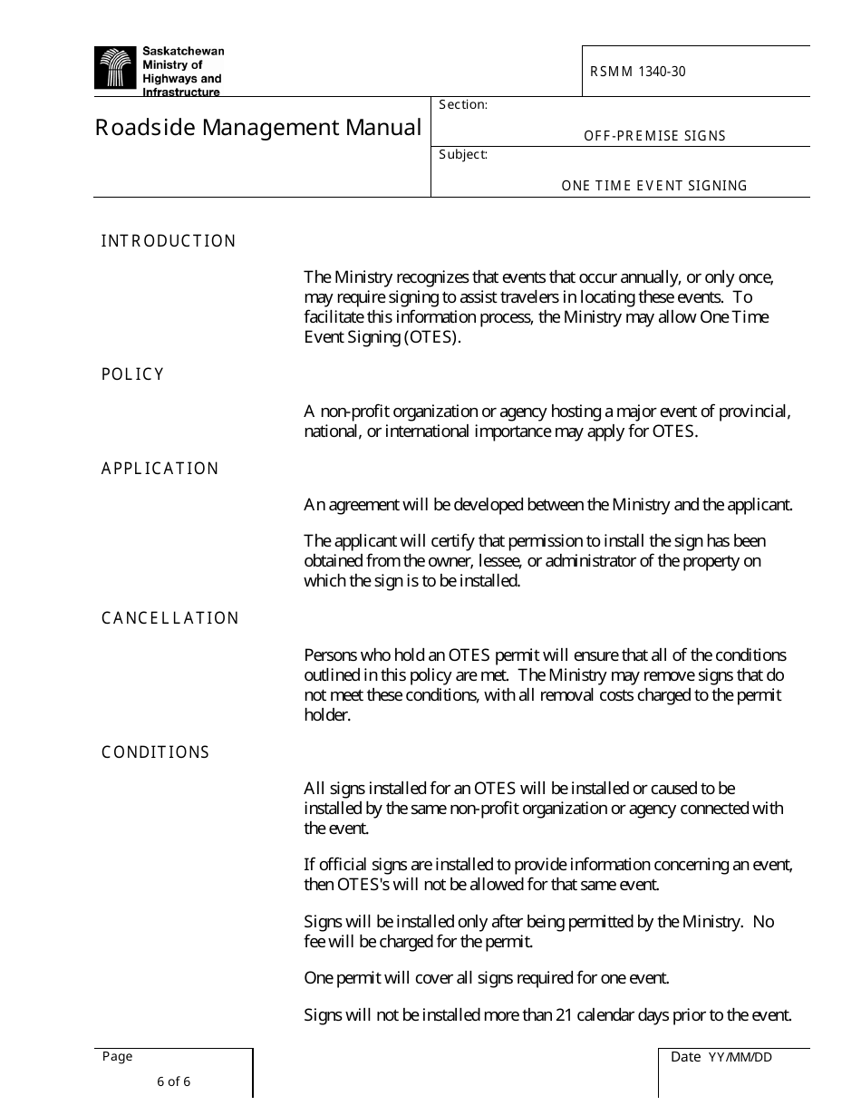Application for Permission to Install One Time Event Signing - Saskatchewan, Canada, Page 1