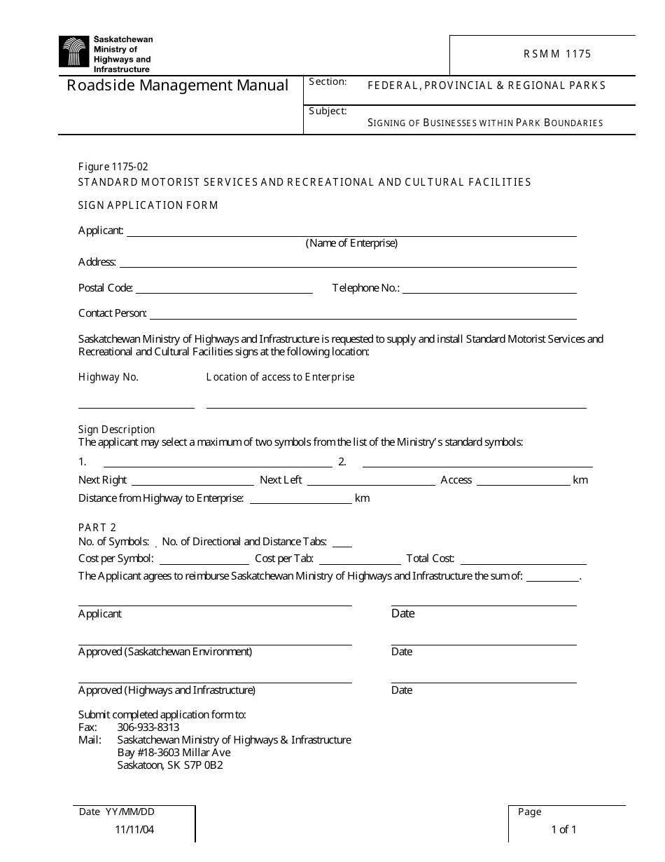 Form RSMM1175 Standard Motorist Services and Recreational and Cultural Facilities Sign Application Form - Saskatchewan, Canada, Page 1