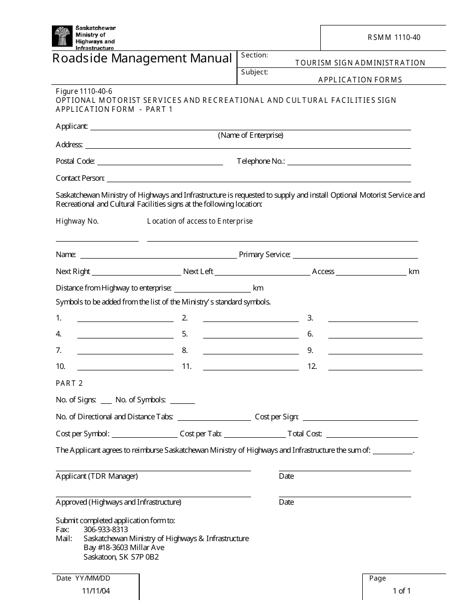 Form RSMM1110-40 Optional Motorist Services and Recreational and Cultural Facilities Sign Application Form - Saskatchewan, Canada, Page 1