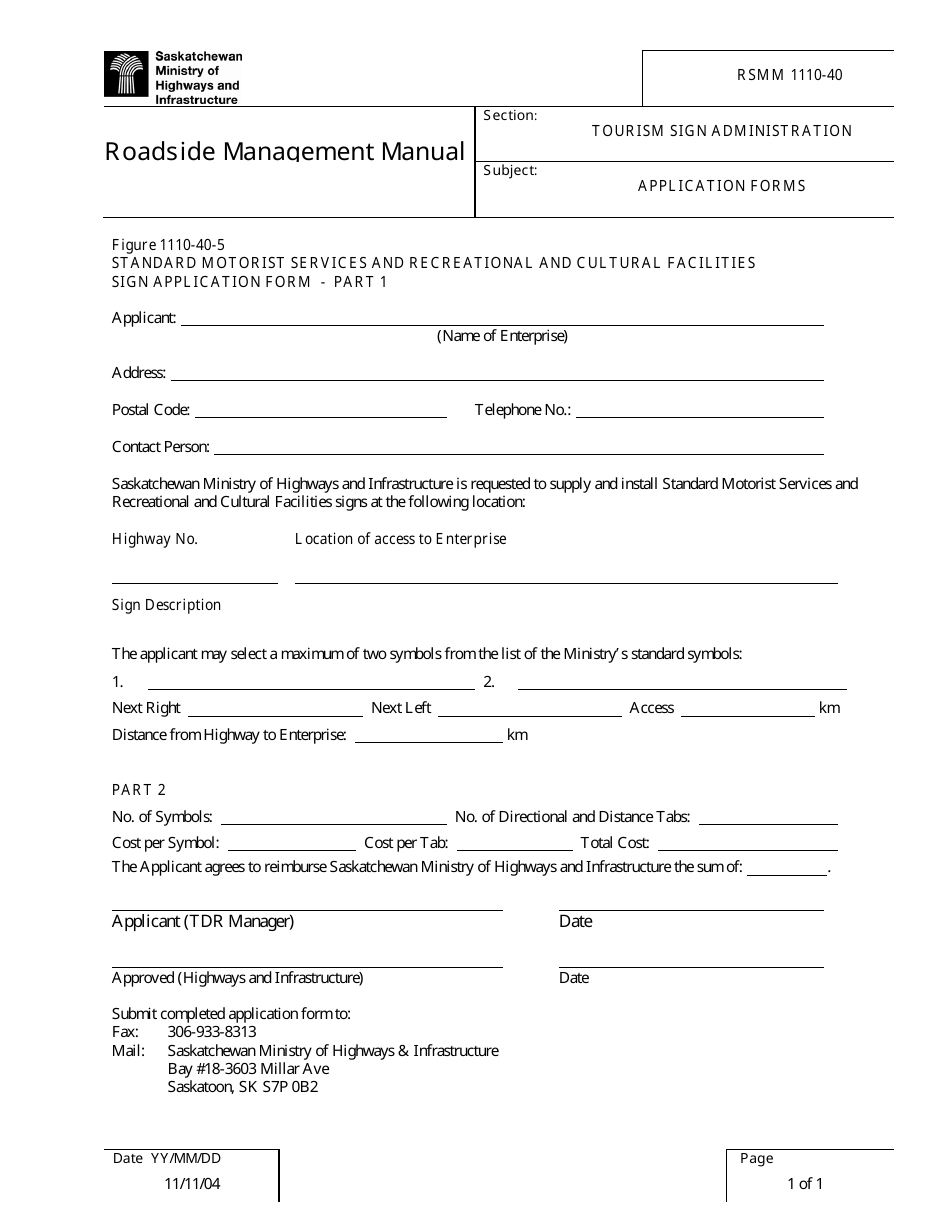 Form RSMM1110-40-5 Standard Motorist Services and Recreational and Cultural Facilities Sign Application Form - Saskatchewan, Canada, Page 1
