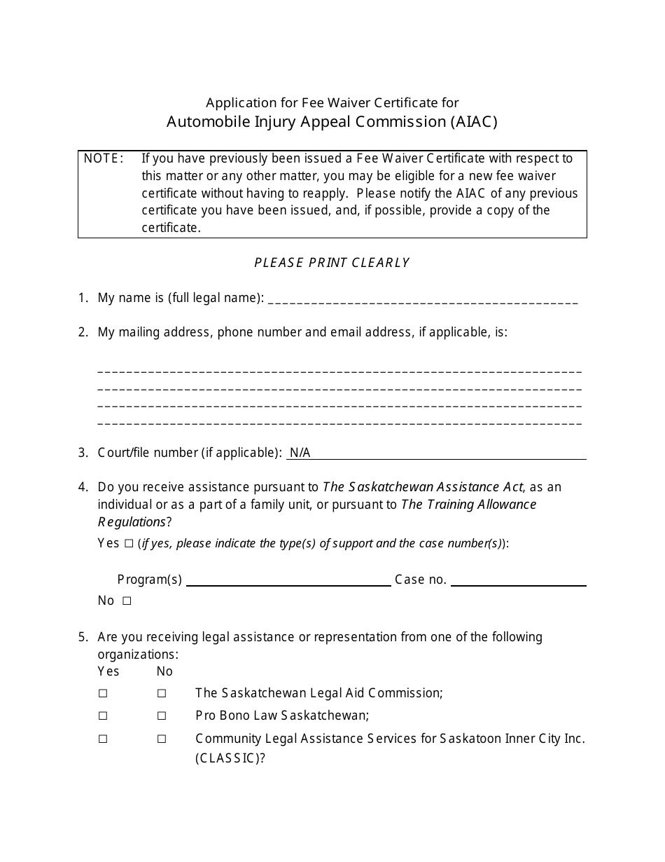 Application for Fee Waiver Certificate for Automobile Injury Appeal Commission (Aiac) - Saskatchewan, Canada, Page 1