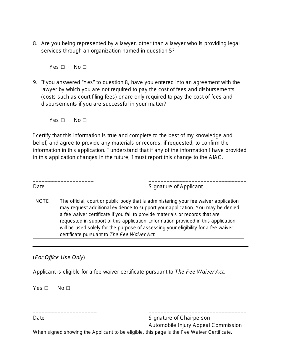 Application for Fee Waiver Certificate for Automobile Injury Appeal Commission (Aiac) - Saskatchewan, Canada, Page 3