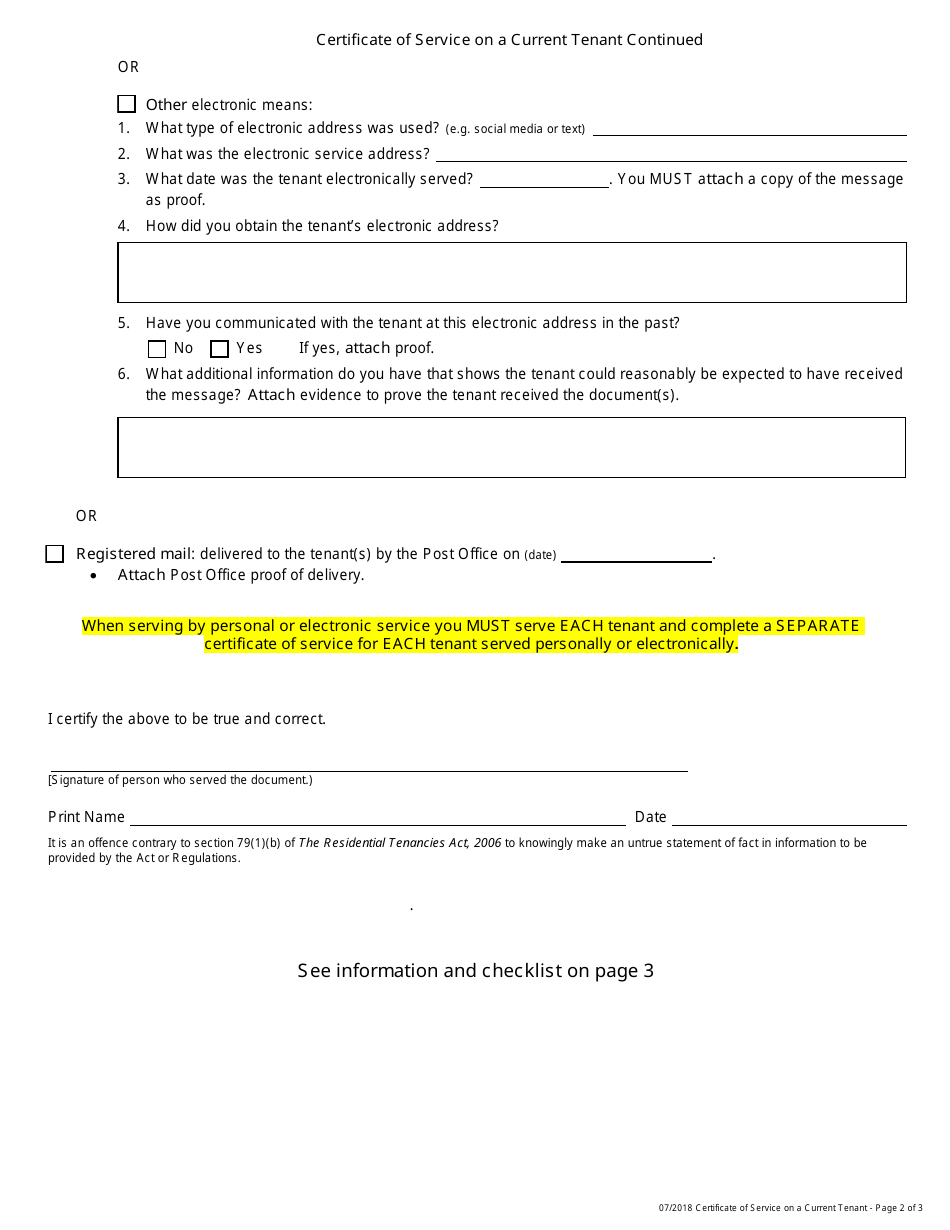 Certificate of Service on a Current Tenant - Saskatchewan, Canada, Page 2