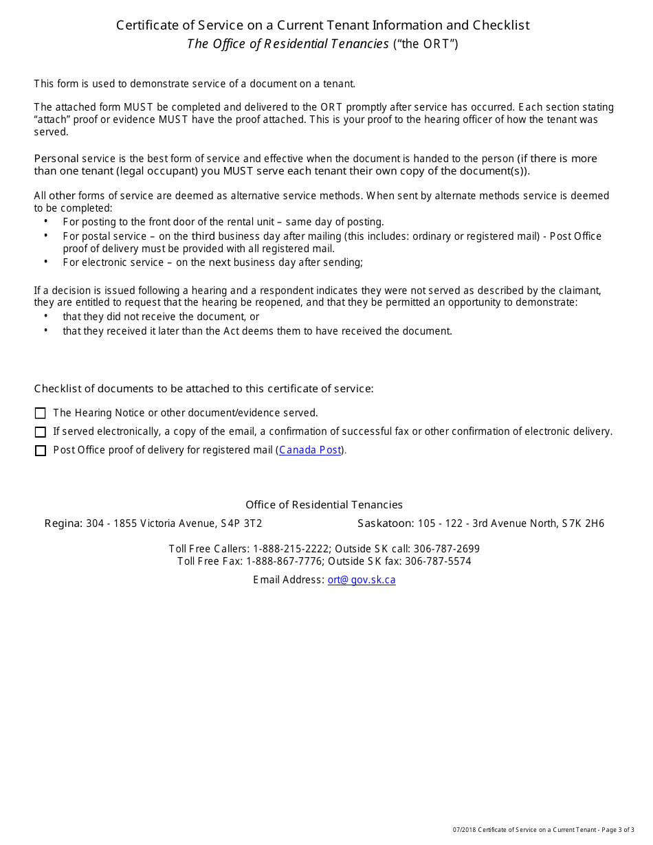 Certificate of Service on a Current Tenant - Saskatchewan, Canada, Page 3