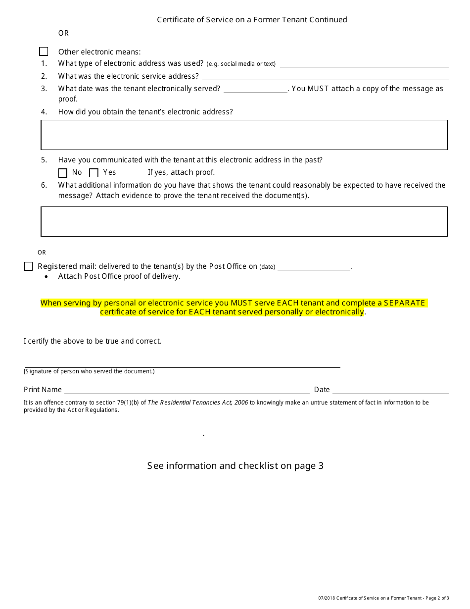 Certificate of Service on a Former Tenant - Saskatchewan, Canada, Page 2