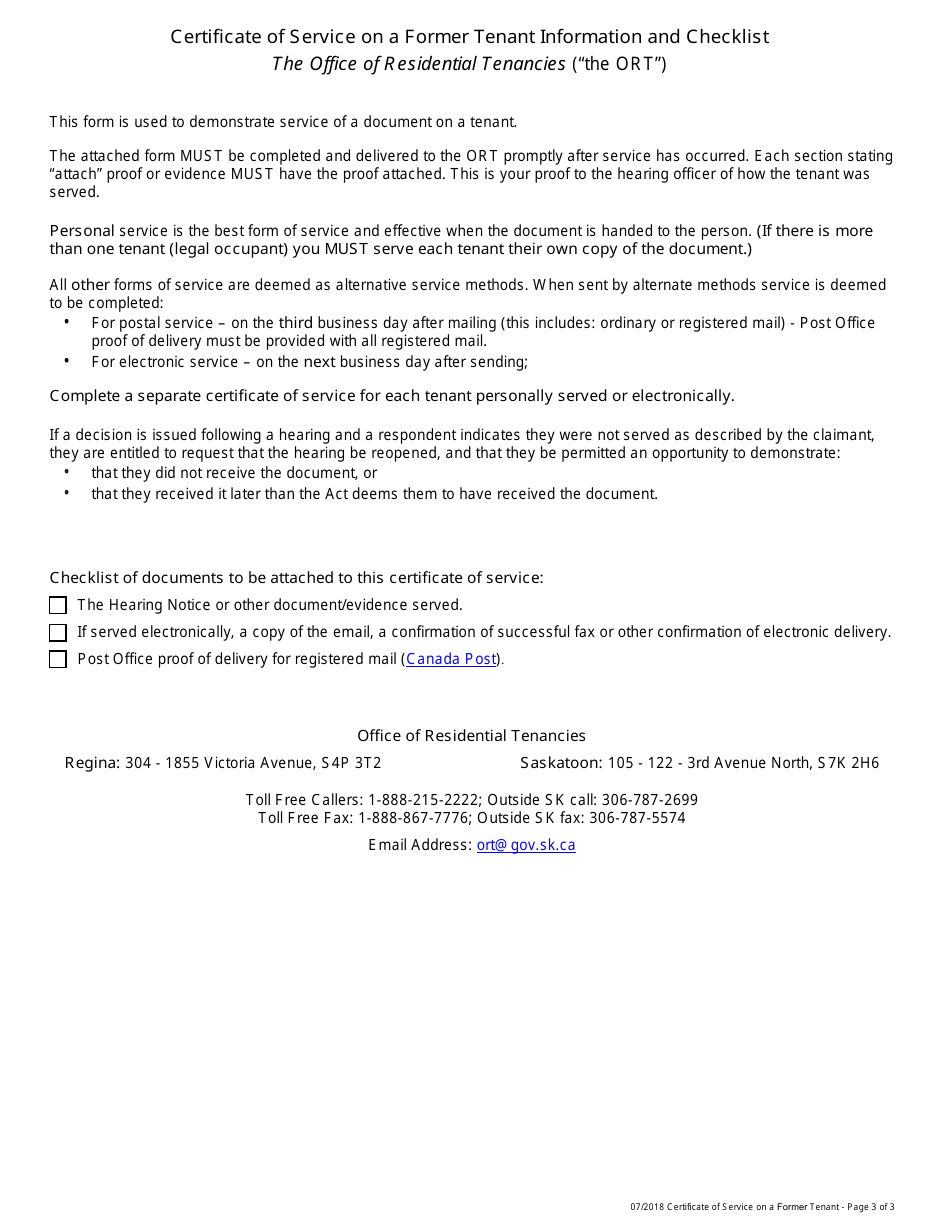 Certificate of Service on a Former Tenant - Saskatchewan, Canada, Page 3