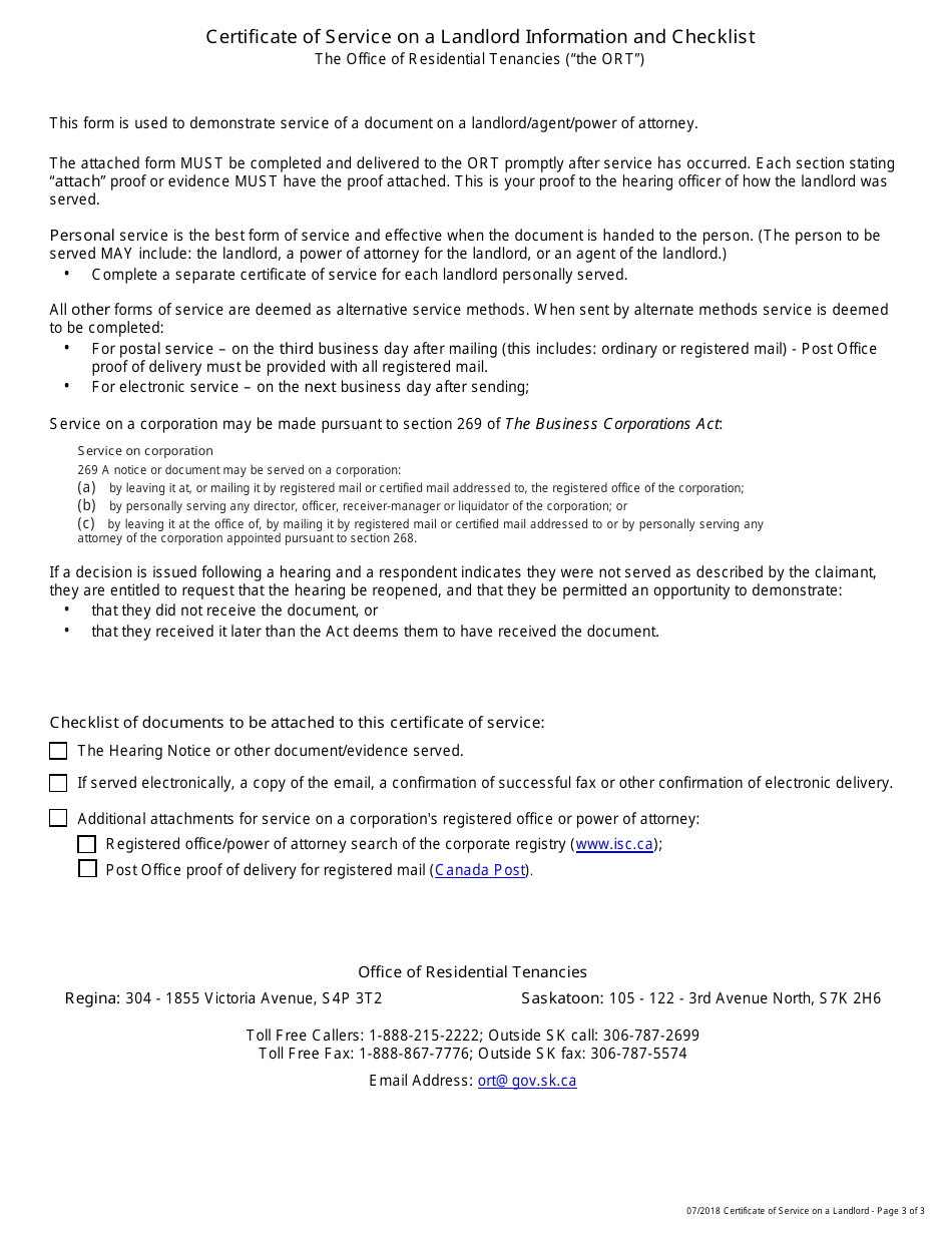 Certificate of Service on a Landlord - Saskatchewan, Canada, Page 3