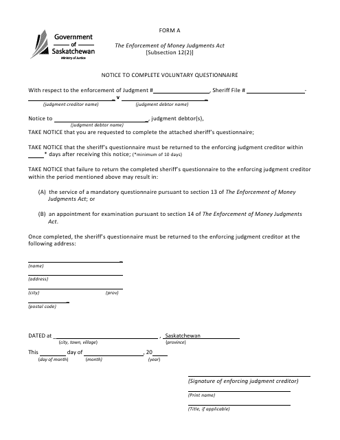 Form A Notice to Complete Voluntary Questionnaire - Saskatchewan, Canada