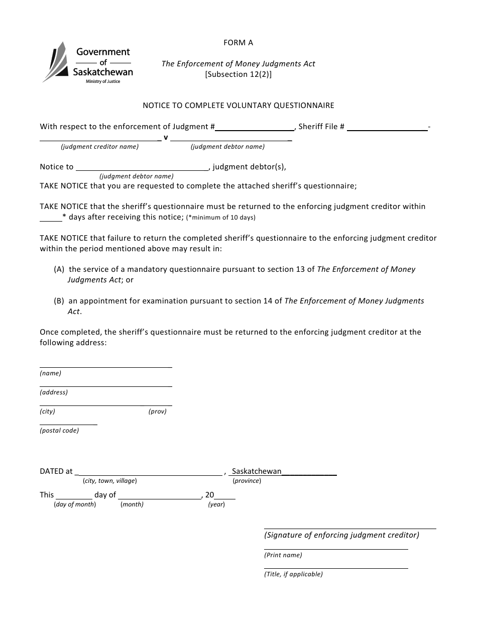 Form A Notice to Complete Voluntary Questionnaire - Saskatchewan, Canada, Page 1