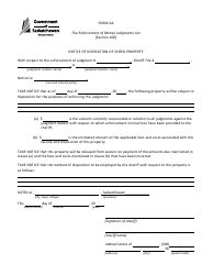Document preview: Form AA Notice of Disposition of Seized Property - Saskatchewan, Canada