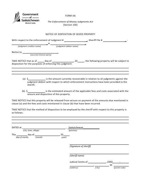 Form AA Notice of Disposition of Seized Property - Saskatchewan, Canada