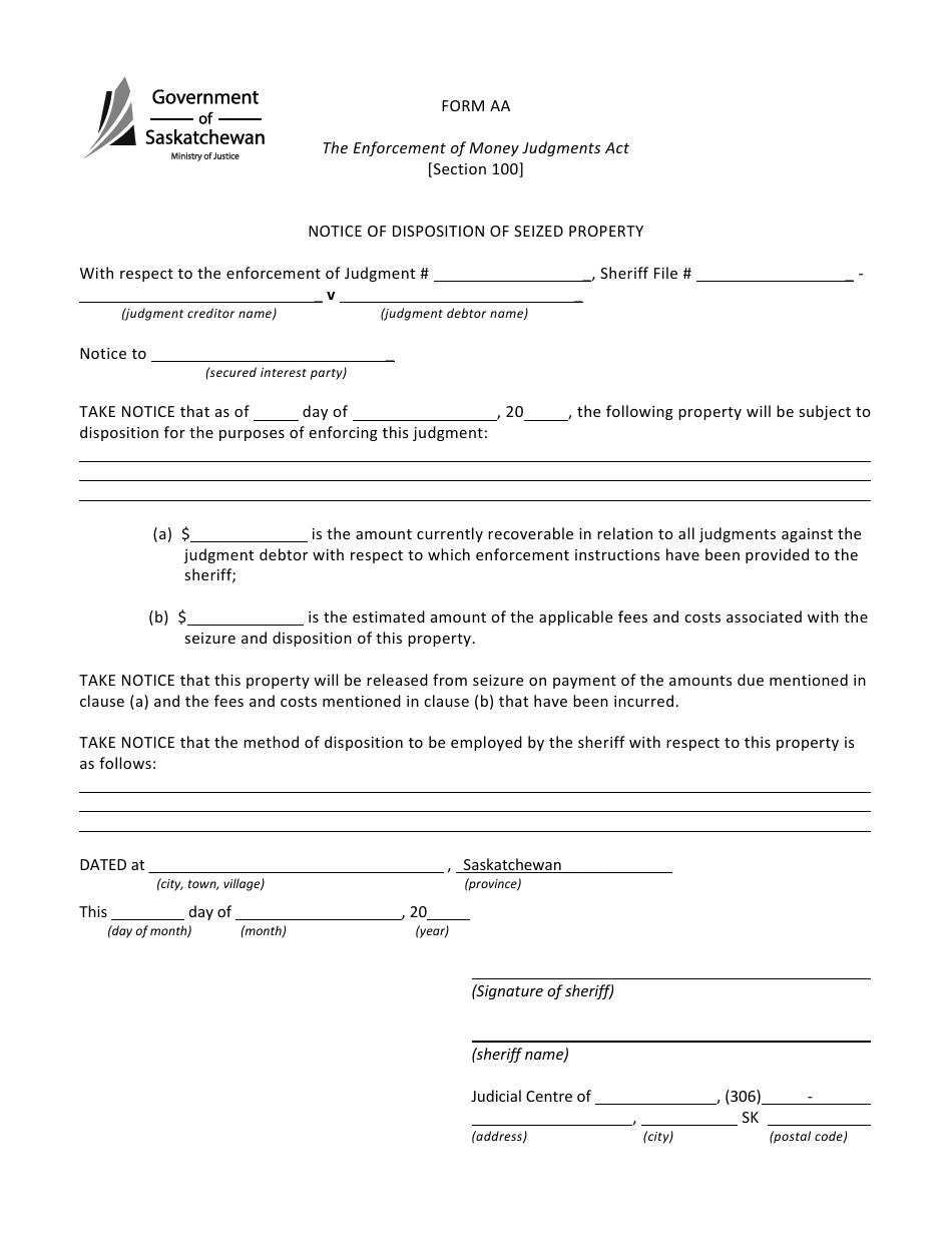 Form AA Notice of Disposition of Seized Property - Saskatchewan, Canada, Page 1