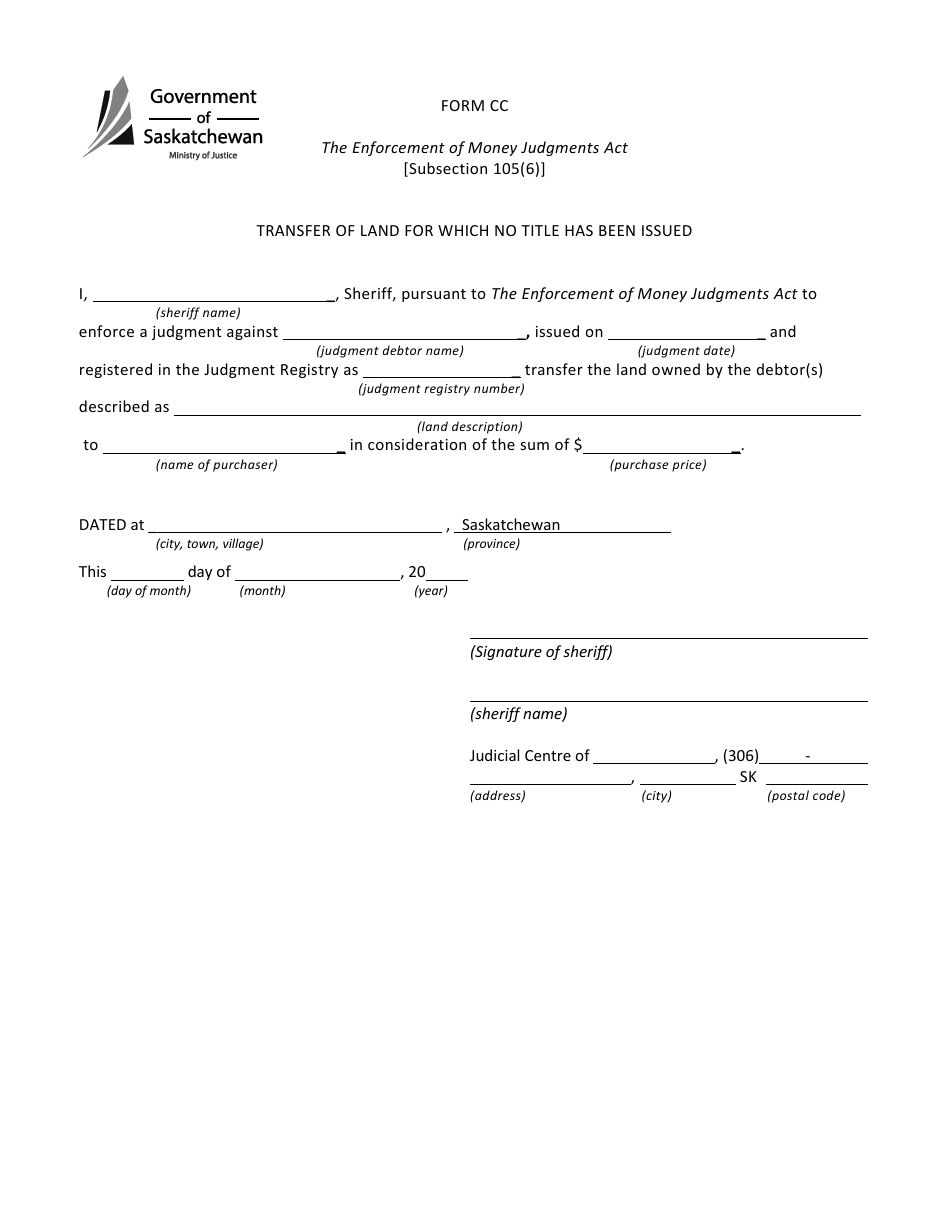 Form CC Transfer of Land for Which No Title Has Been Issued - Saskatchewan, Canada, Page 1