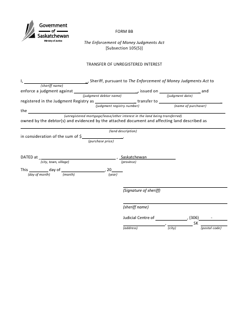 Form BB Transfer of Unregistered Interest - Saskatchewan, Canada