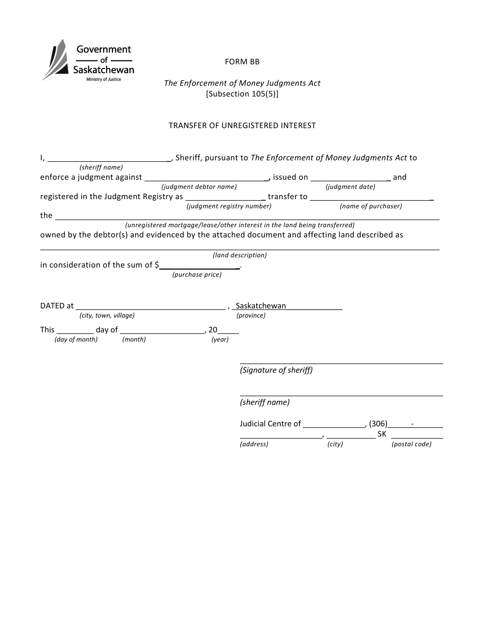 Form BB Transfer of Unregistered Interest - Saskatchewan, Canada, Page 1