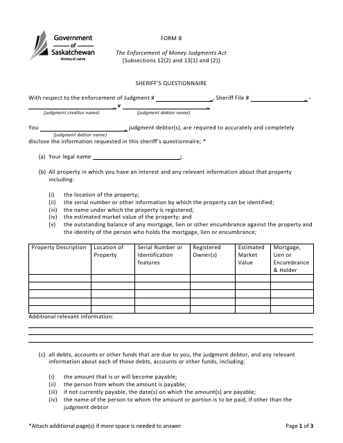 Form B Sheriff's Questionnaire - Saskatchewan, Canada