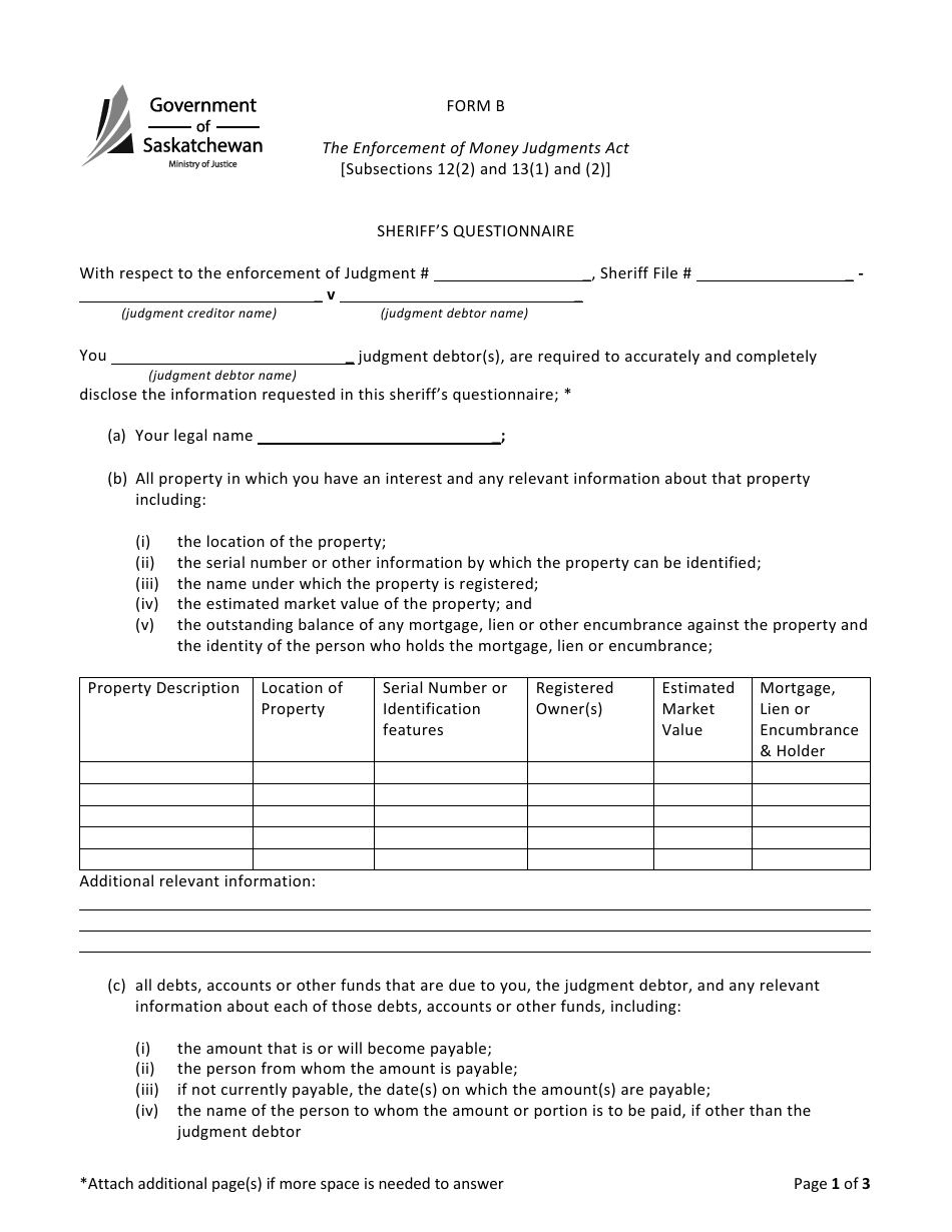 Form B Sheriffs Questionnaire - Saskatchewan, Canada, Page 1