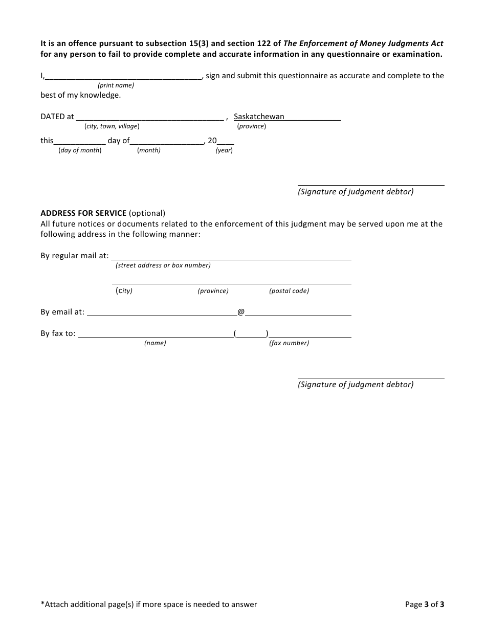 Form B Sheriffs Questionnaire - Saskatchewan, Canada, Page 3