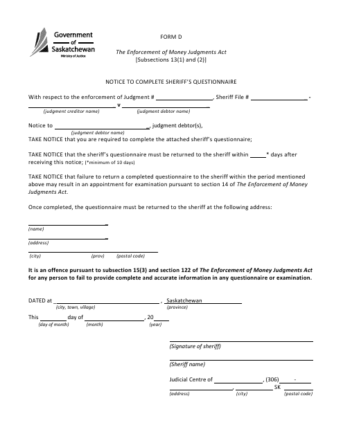Form D Notice to Complete Sheriff's Questionnaire - Saskatchewan, Canada