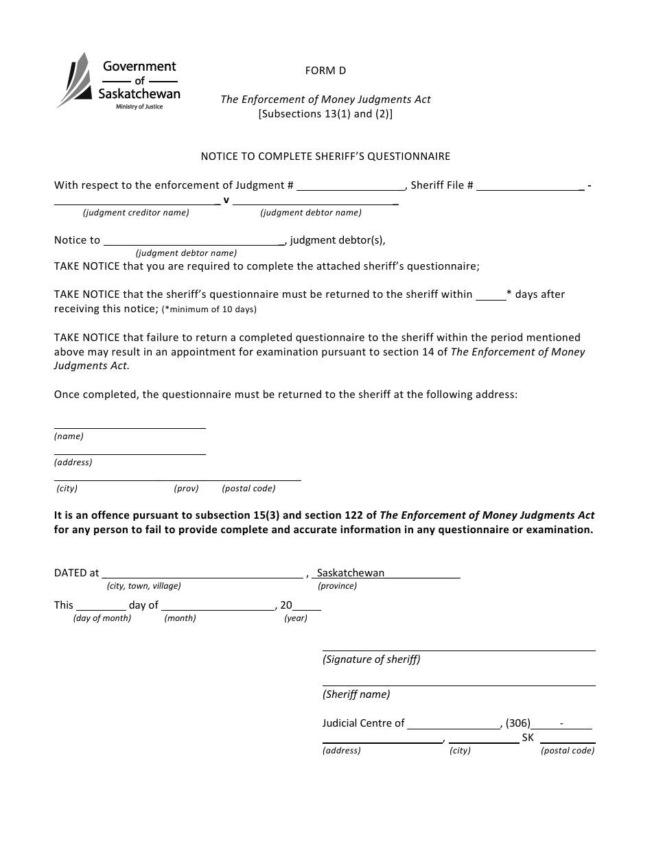 Form D Notice to Complete Sheriffs Questionnaire - Saskatchewan, Canada, Page 1