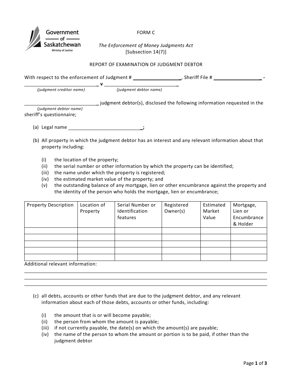 Form C Report of Examination of Judgment Debtor - Saskatchewan, Canada, Page 1