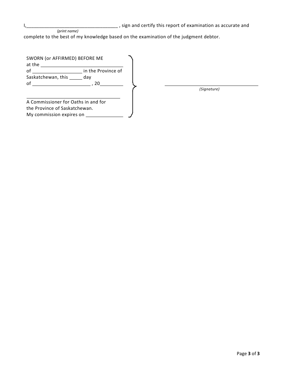 Form C Report of Examination of Judgment Debtor - Saskatchewan, Canada, Page 3