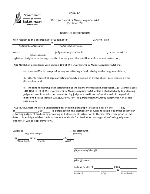 Form DD Notice of Distribution - Saskatchewan, Canada