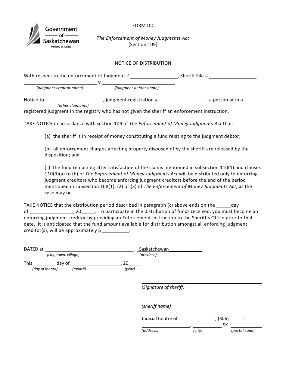 Form DD Notice of Distribution - Saskatchewan, Canada, Page 1