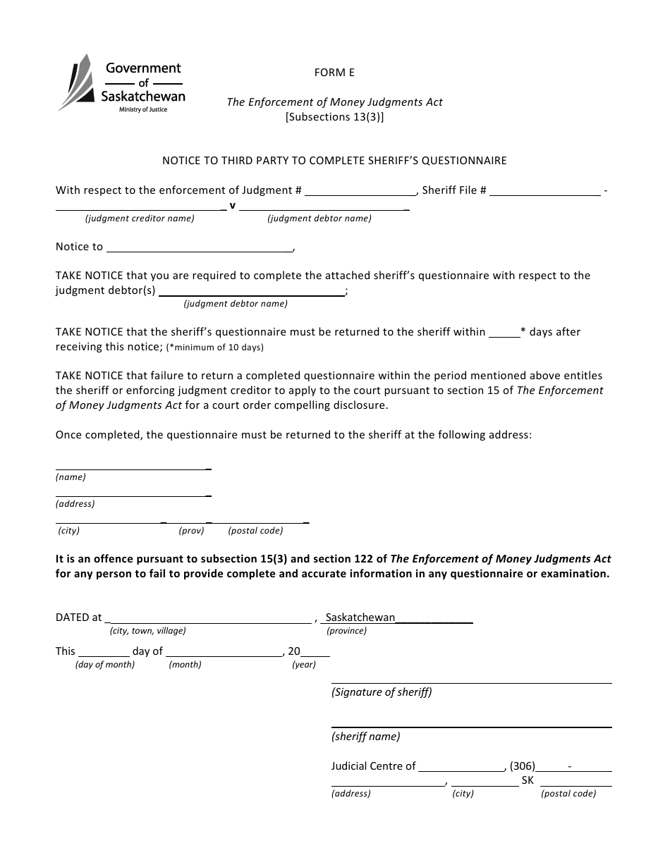 Form E Notice to Third Party to Complete Sheriffs Questionnaire - Saskatchewan, Canada, Page 1