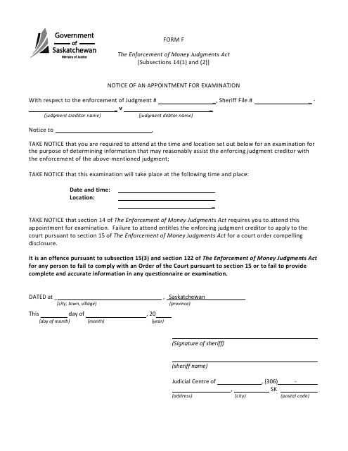 Form F Notice of an Appointment for Examination - Saskatchewan, Canada