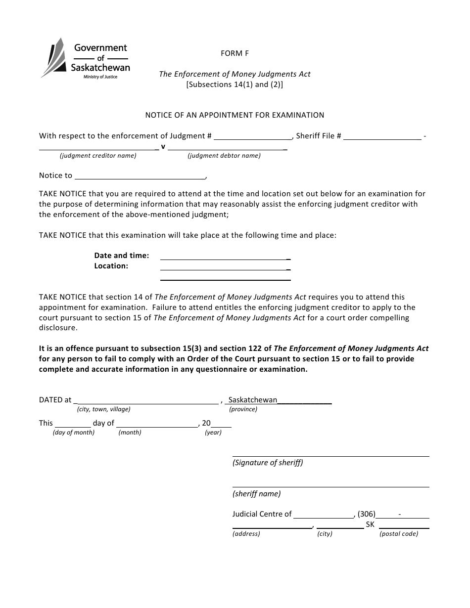 Form F Notice of an Appointment for Examination - Saskatchewan, Canada, Page 1