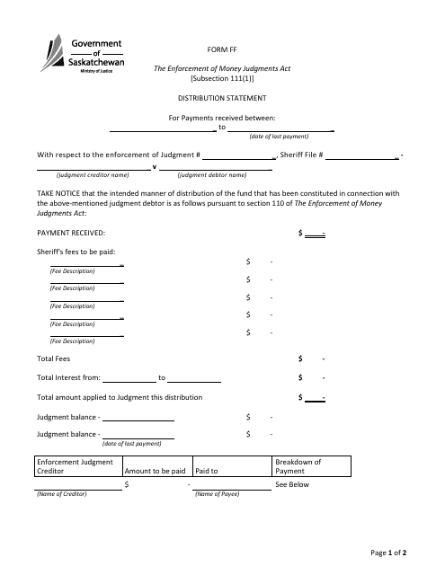 Form FF Distribution Statement - Saskatchewan, Canada