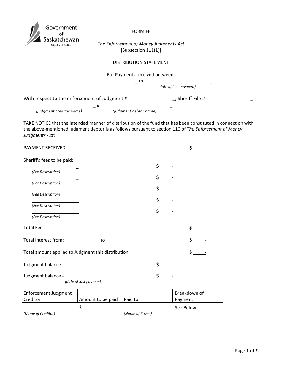 Form FF Distribution Statement - Saskatchewan, Canada, Page 1