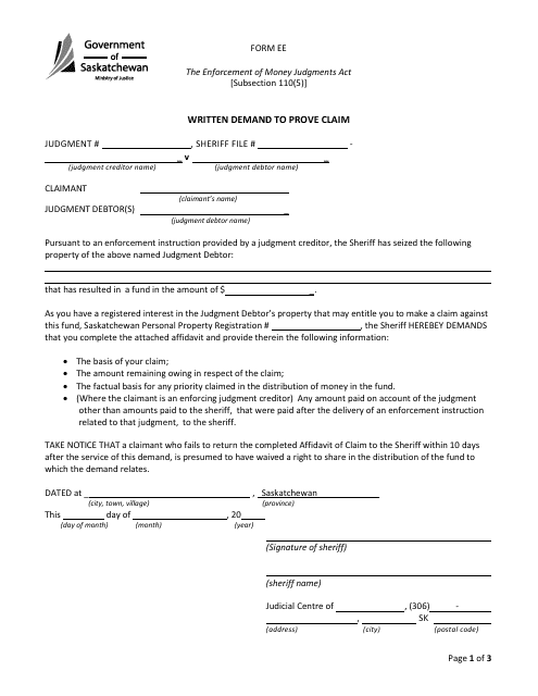 Form EE Written Demand to Prove Claim - Saskatchewan, Canada