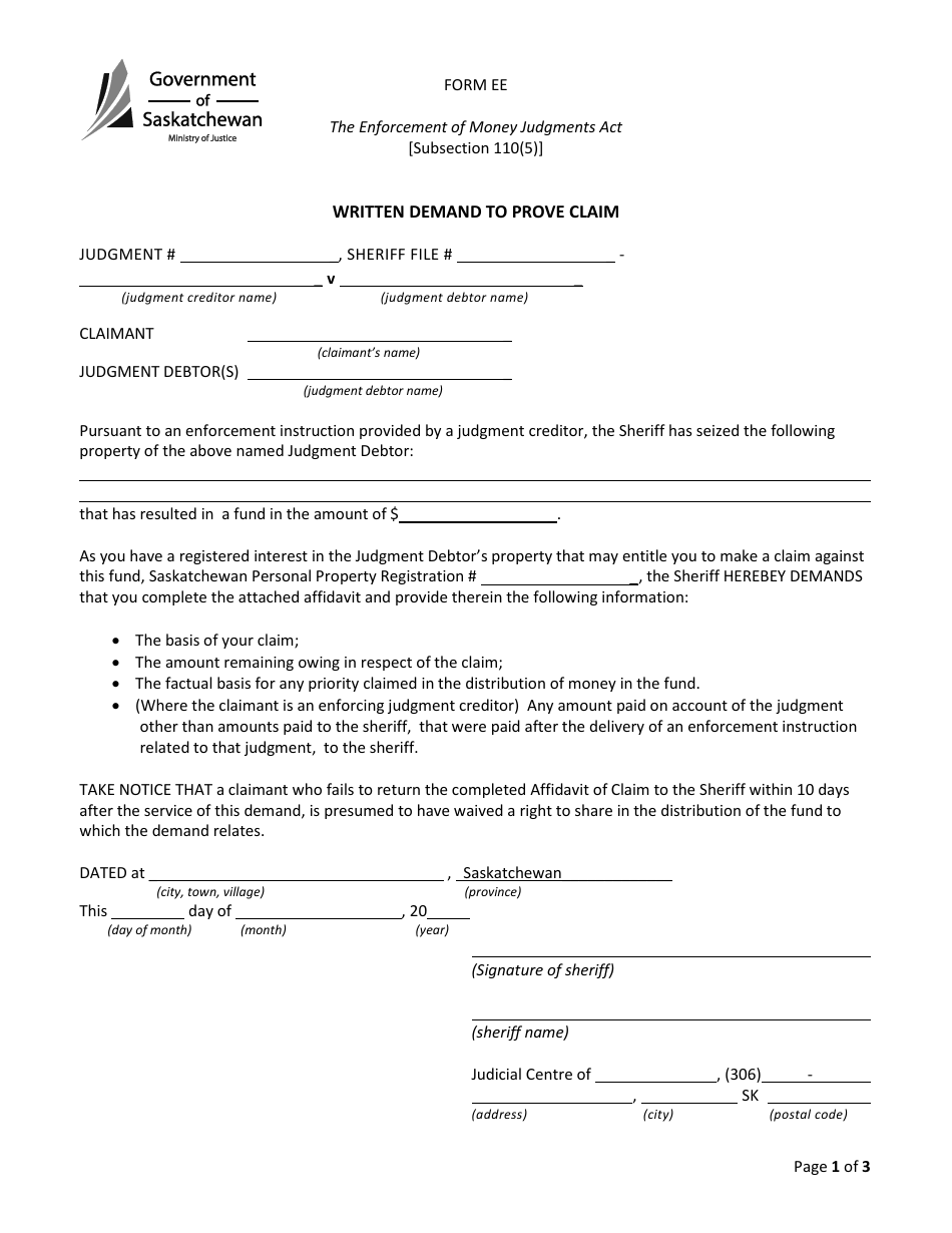 Form EE Written Demand to Prove Claim - Saskatchewan, Canada, Page 1