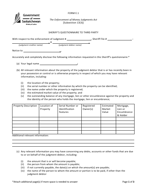 Form E.1 Sheriff's Questionnaire to Third Party - Saskatchewan, Canada