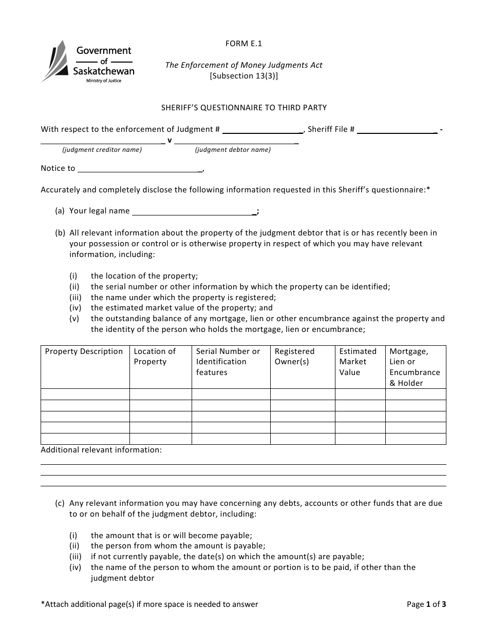 Form E.1 Sheriffs Questionnaire to Third Party - Saskatchewan, Canada, Page 1