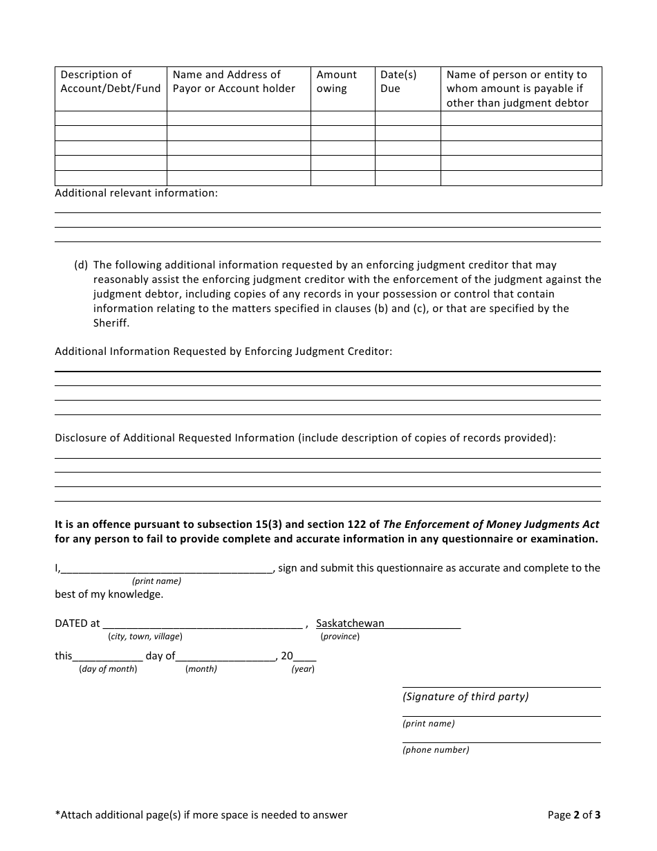 Form E.1 Sheriffs Questionnaire to Third Party - Saskatchewan, Canada, Page 2