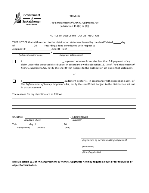 Form GG Notice of Objection to a Distribution - Saskatchewan, Canada