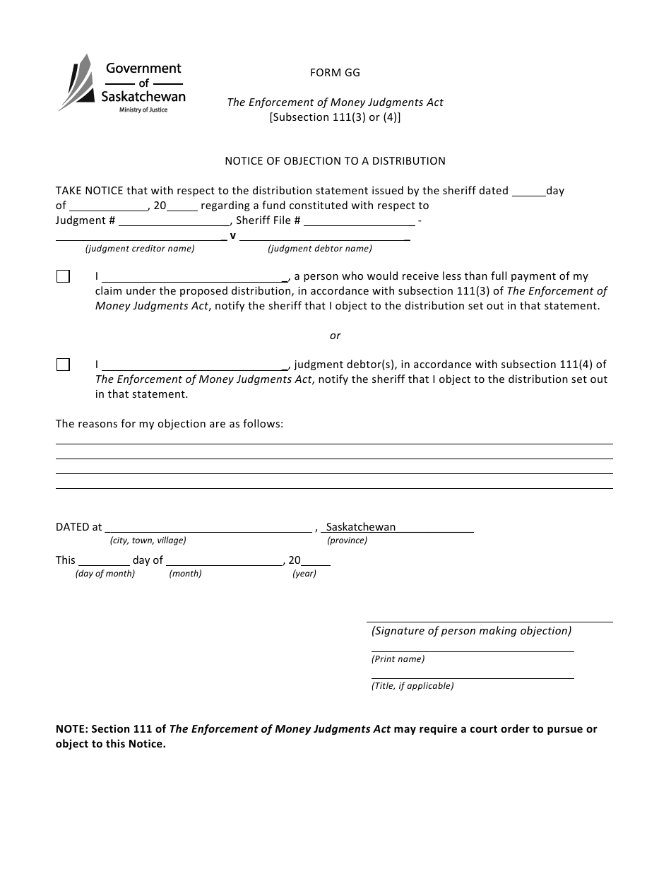 Form GG Notice of Objection to a Distribution - Saskatchewan, Canada, Page 1