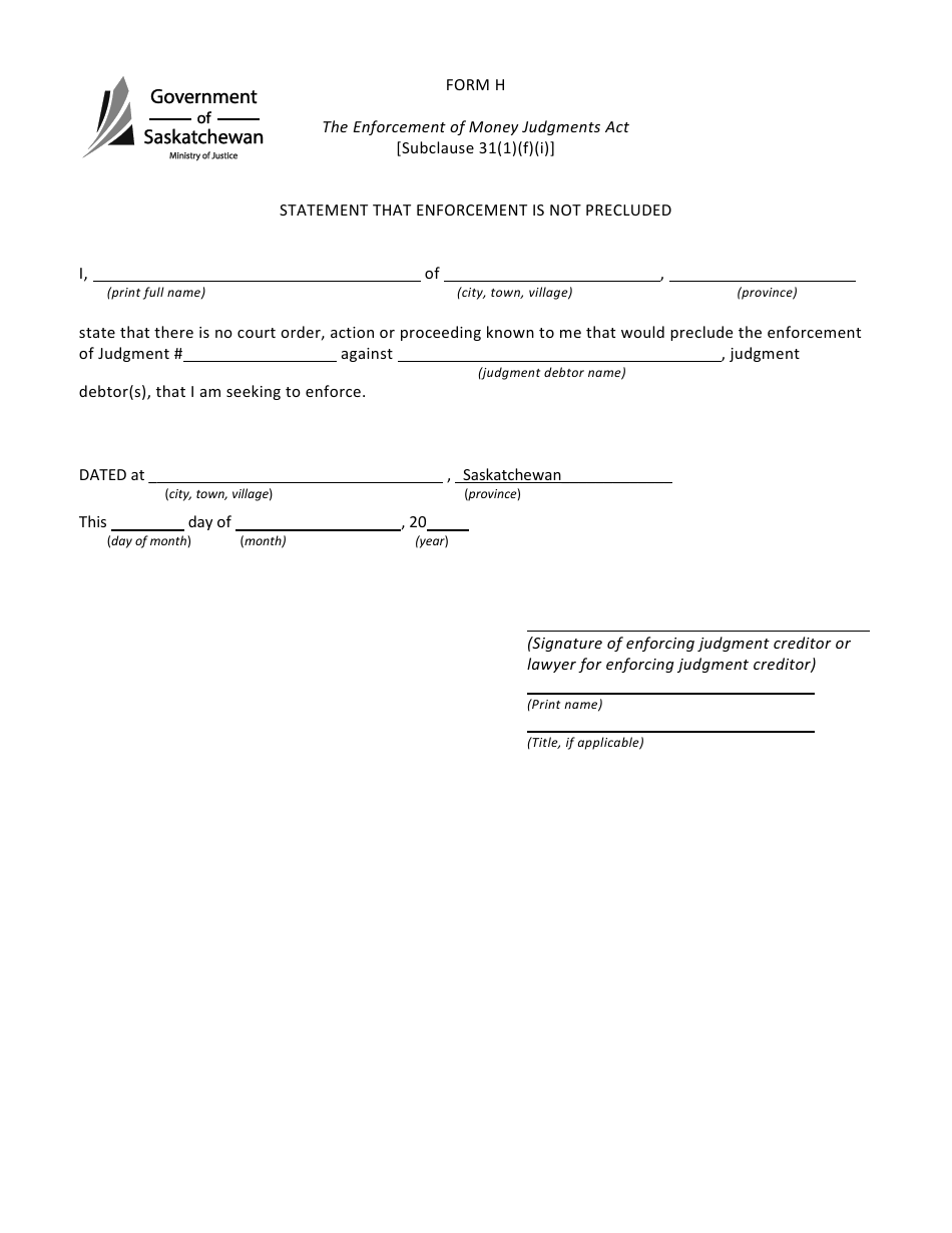 Form H Statement That Enforcement Is Not Precluded - Saskatchewan, Canada, Page 1