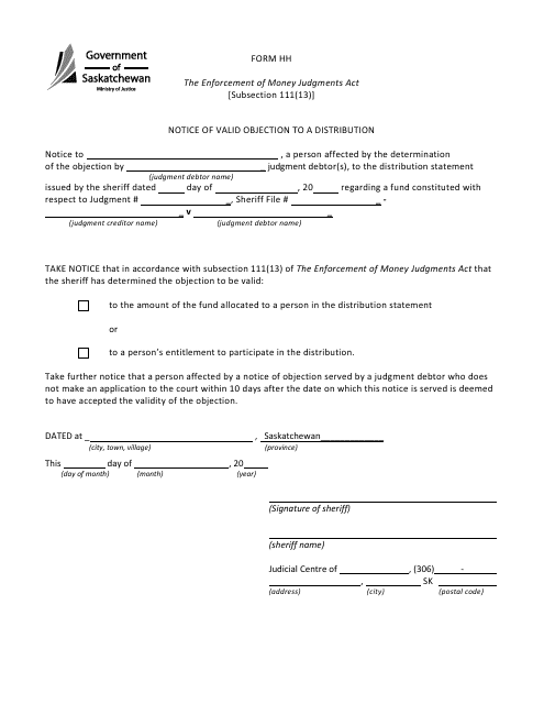 Form HH Notice of Valid Objection to a Distribution - Saskatchewan, Canada