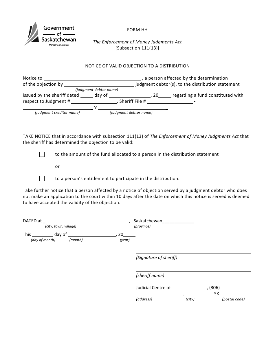 Form HH Notice of Valid Objection to a Distribution - Saskatchewan, Canada, Page 1